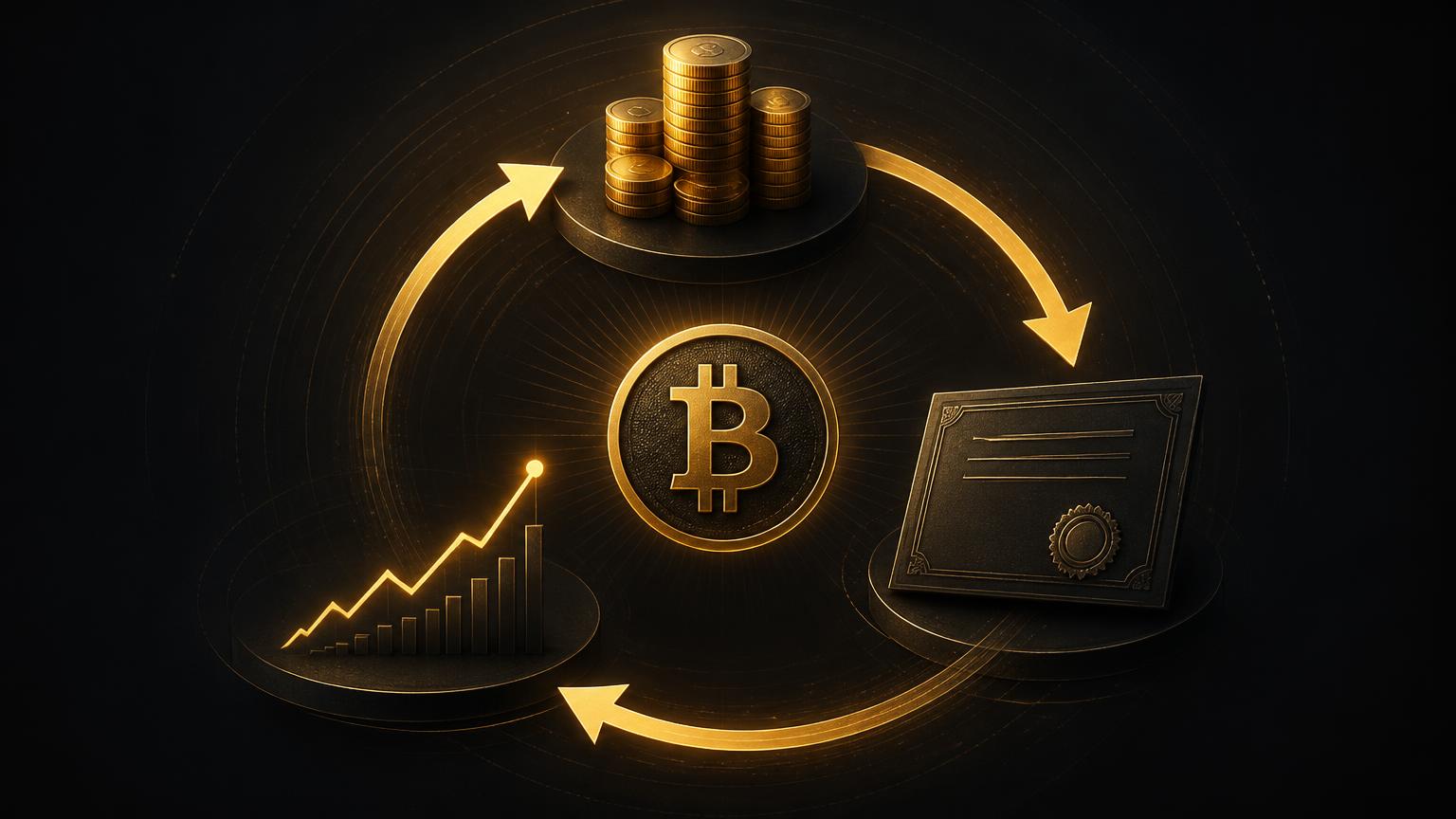 코인 더미, 채권 증서, 상승 주가 그래프가 원형 화살표로 연결된 플라이휠 개념 이미지